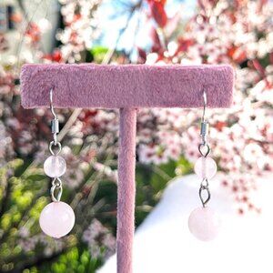Rose Quartz Dangle Earrings with Silver Tone Hooks